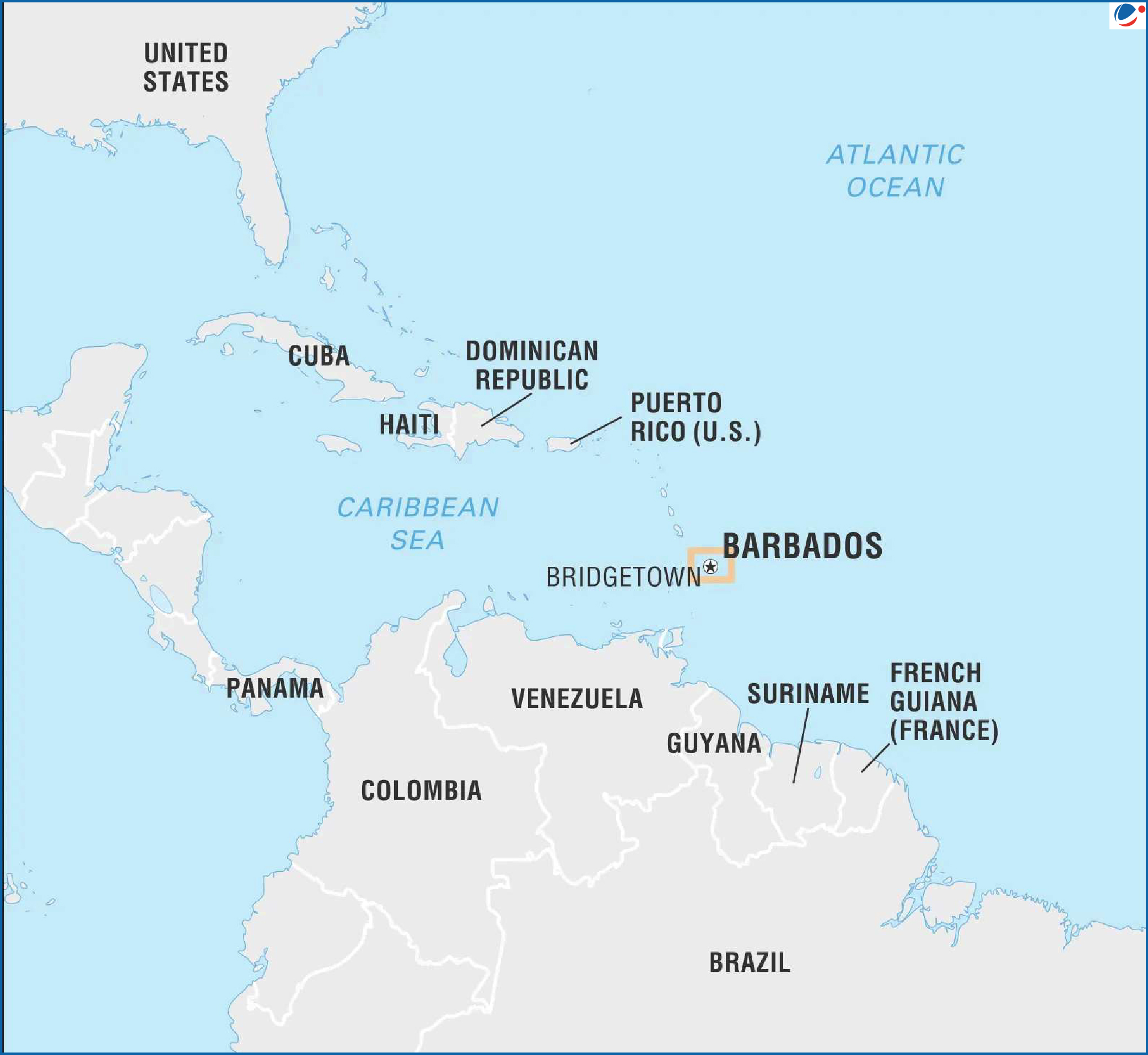 **Alt text:** Map showing Barbados and nearby countries in the Caribbean region, including Cuba, Haiti, Dominican Republic, Puerto Rico, Venezuela, Guyana, Suriname, French Guiana, and parts of Central and South America.