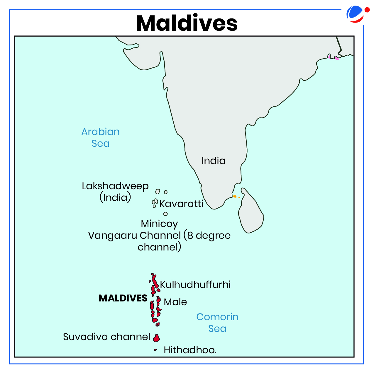 An image showing map of the Maldives and its geographical context in the Indian Ocean. It includes nearby regions like India, Lakshadweep islands, and channels such as the Vangaari (8-degree channel) and Suvadiva channel. Key locations in the Maldives, such as Male, Kulhudhuffushi, and Hithadhoo, are marked.