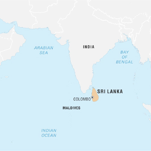 An infographic map highlighting Sri Lanka located in the Indian Ocean south of India, with surrounding areas like India, the Maldives, and the Arabian Sea and Bay of Bengal labeled. Colombo, the capital of Sri Lanka, is marked with a star.