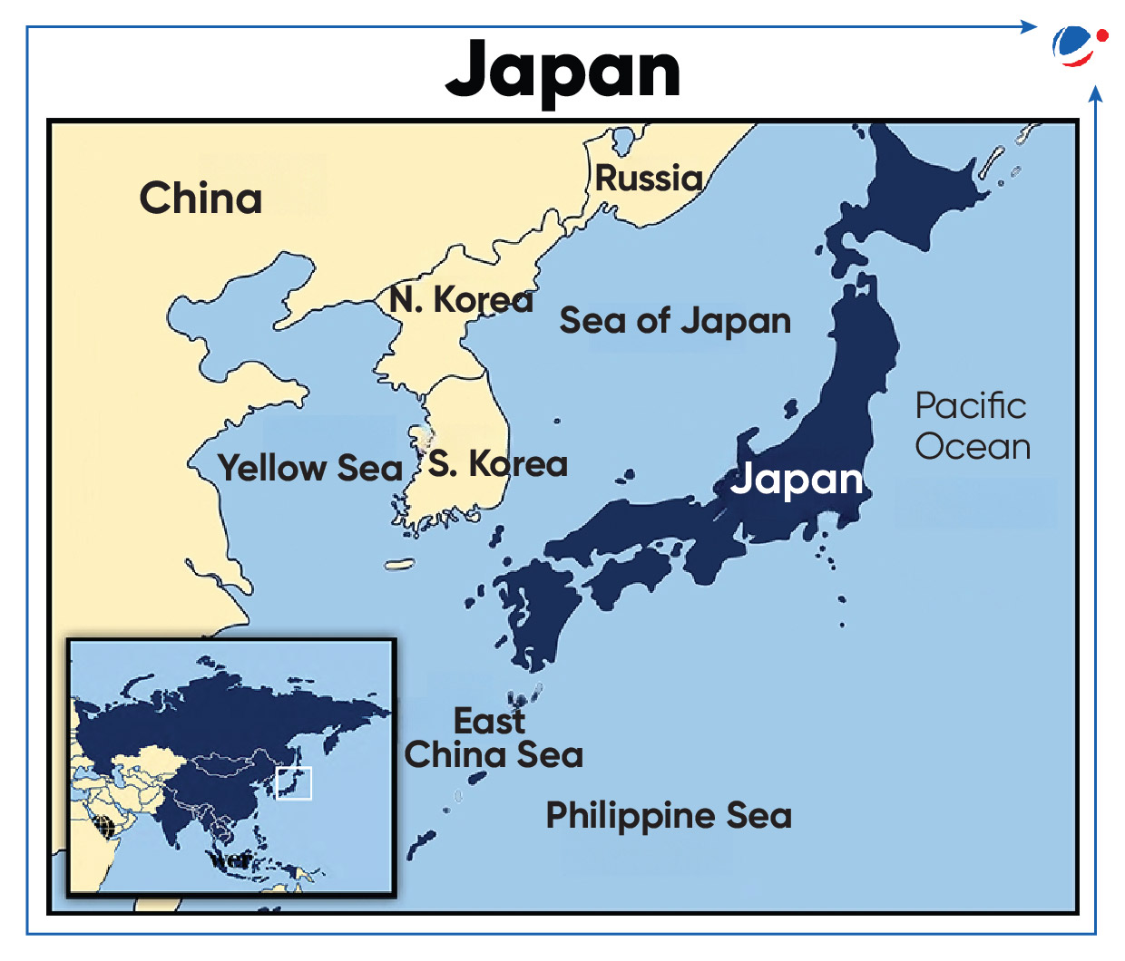 Map of Japan and surrounding areas. Japan is highlighted in dark blue with neighboring countries China, Russia, North Korea, and South Korea labeled. Bodies of water such as the Sea of Japan, Yellow Sea, East China Sea, Pacific Ocean, and Philippine Sea are labeled. An inset shows Japan's location in Asia.