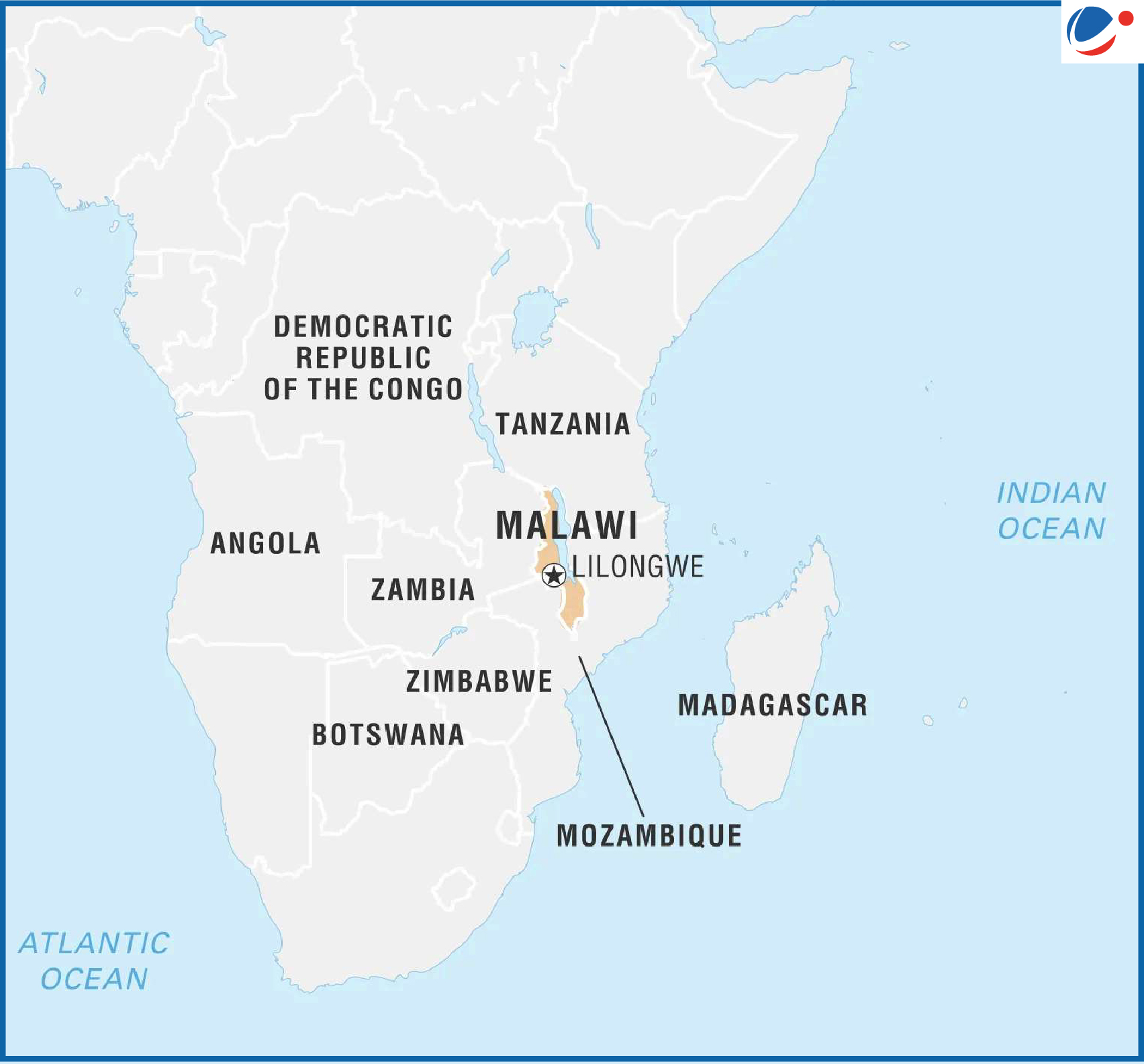 Map showing location of Malawi