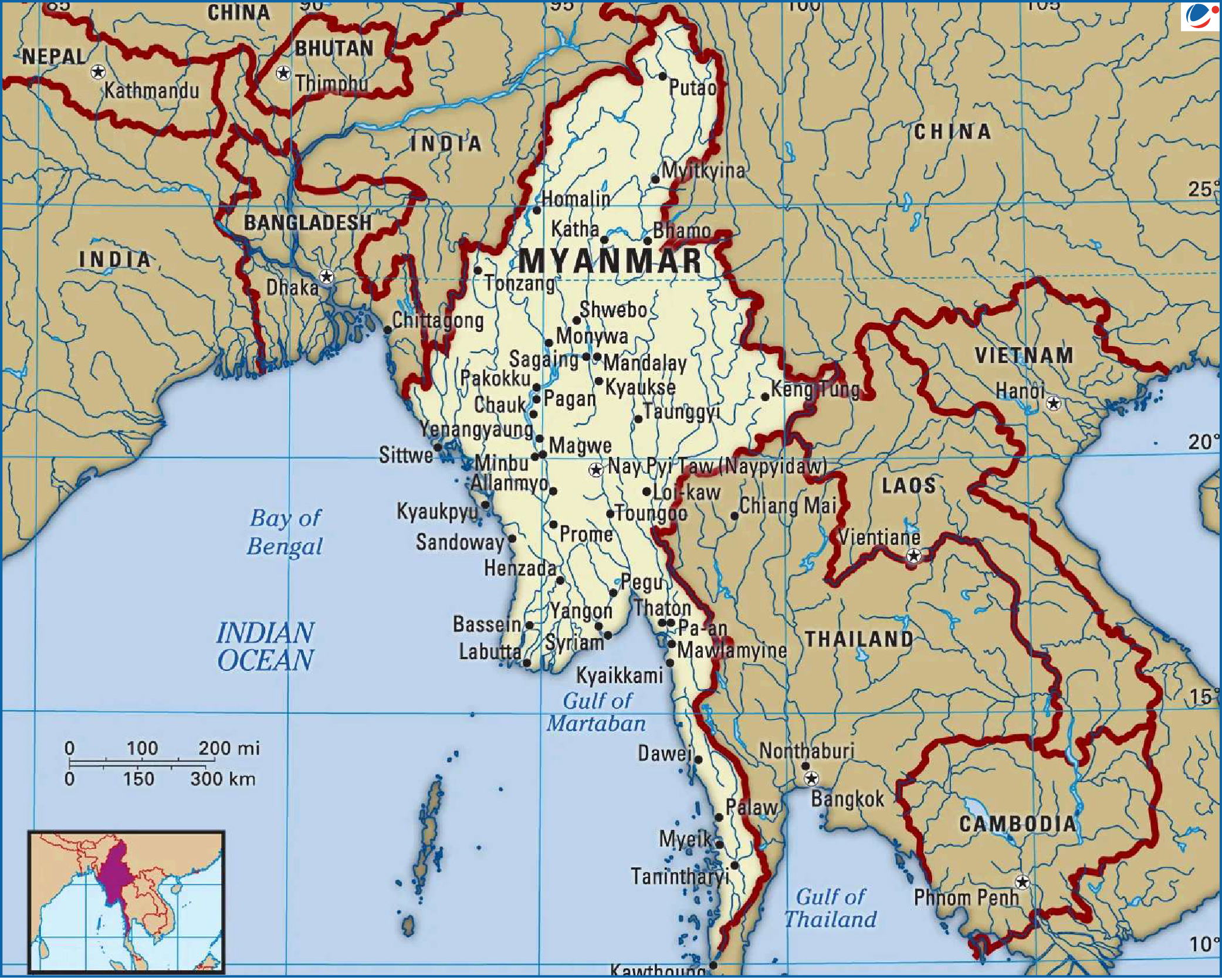 Map showing **Myanmar and its neighboring countries** — India, China, Laos, Thailand, and Bangladesh — along with major cities and surrounding water bodies like the **Bay of Bengal** and **Gulf of Martaban**.