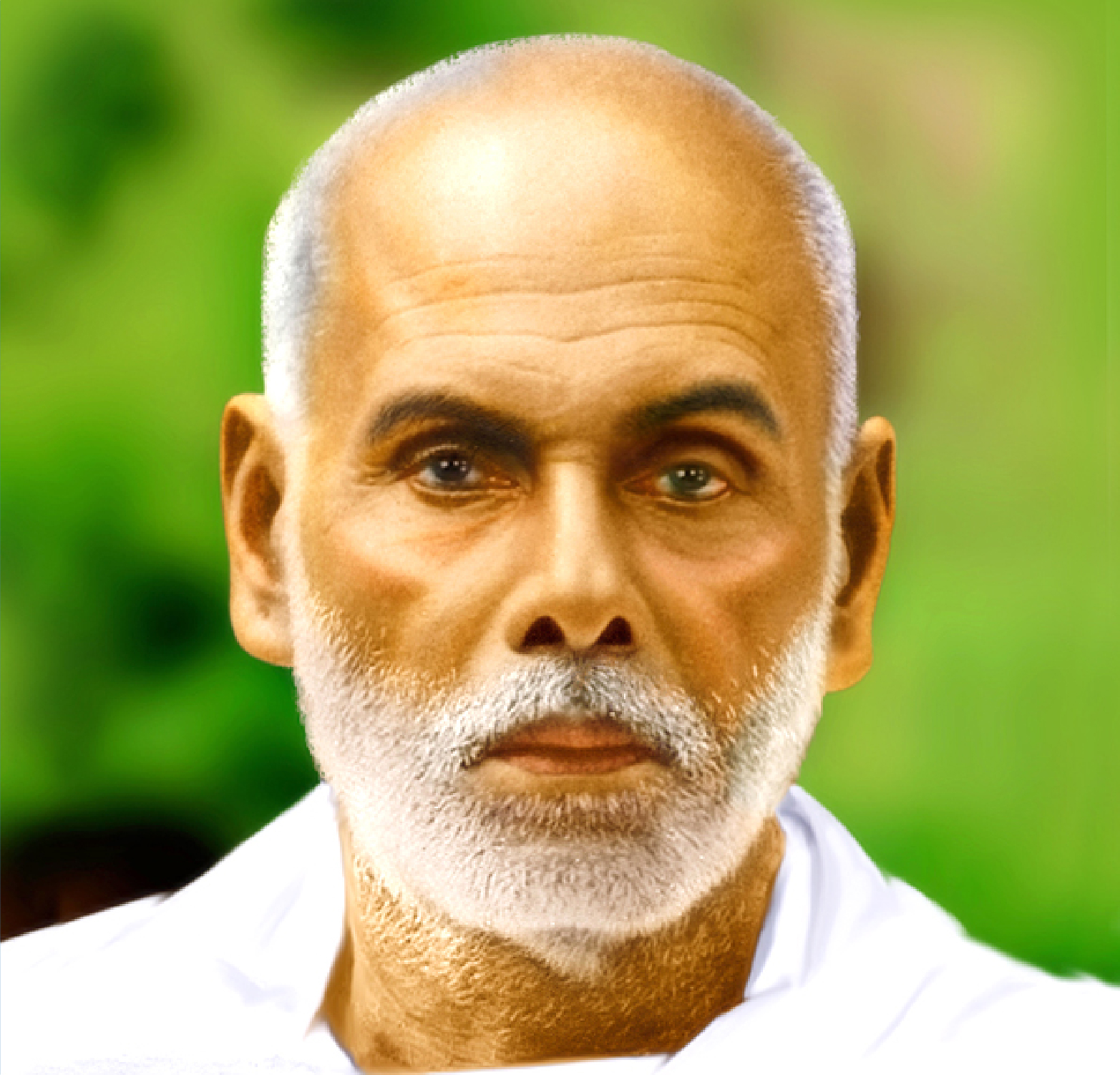 Portrait of Sree Narayana Guru, a revered Indian social reformer and spiritual leader, shown with a white beard, bald head, and calm expression, wearing a simple white garment against a green background.