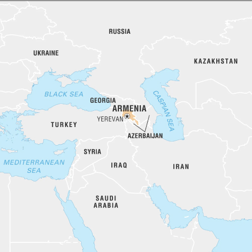 A simplified political map highlighting Armenia and its surrounding countries, including Turkey, Georgia, Azerbaijan, Iran, Iraq, Russia, and Ukraine. Key water bodies like the Black Sea, Caspian Sea, and Mediterranean Sea are labeled. Armenia's capital, Yerevan, is marked prominently.