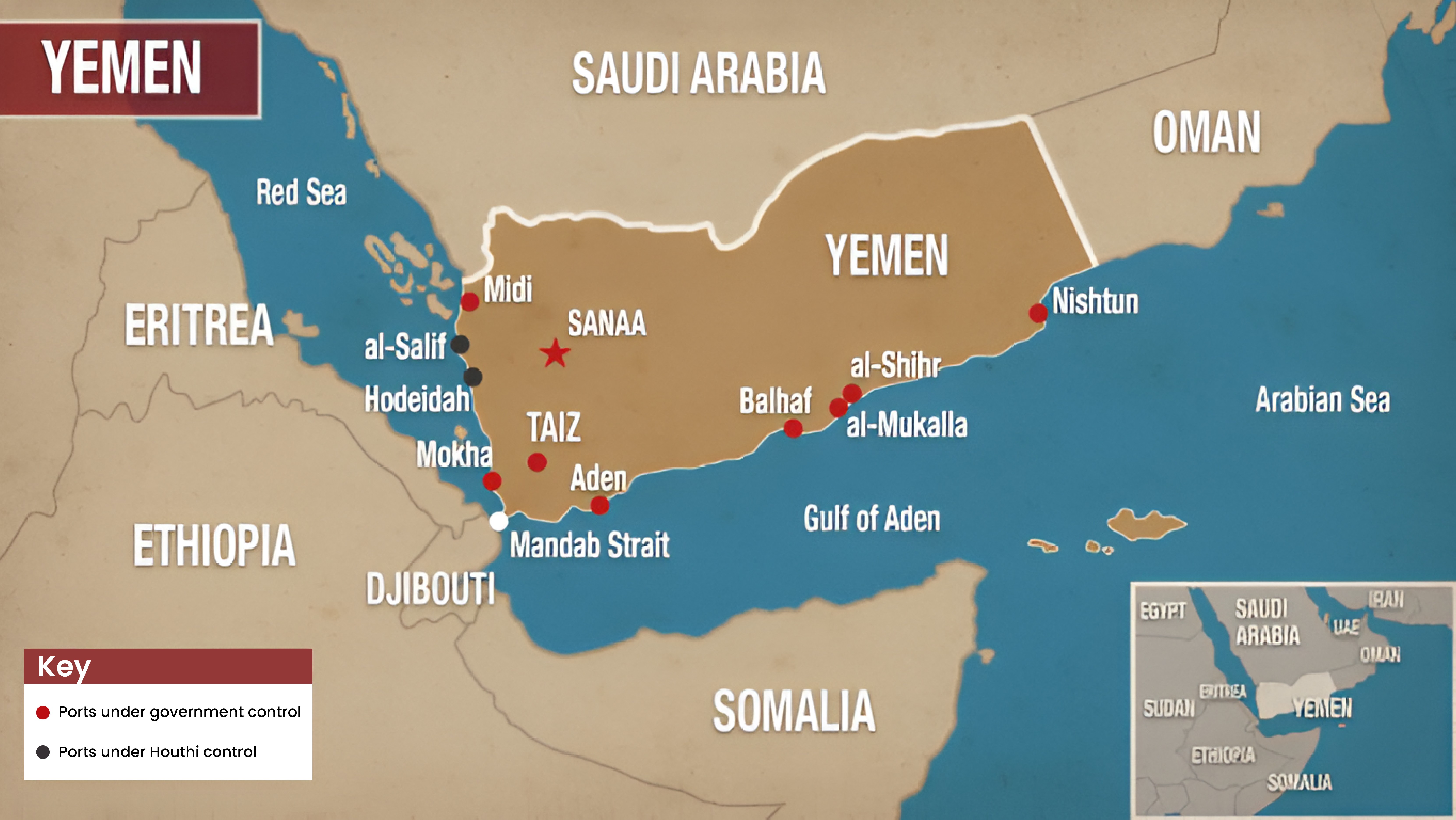 The map show yeman and nearby countries and waterbodies.