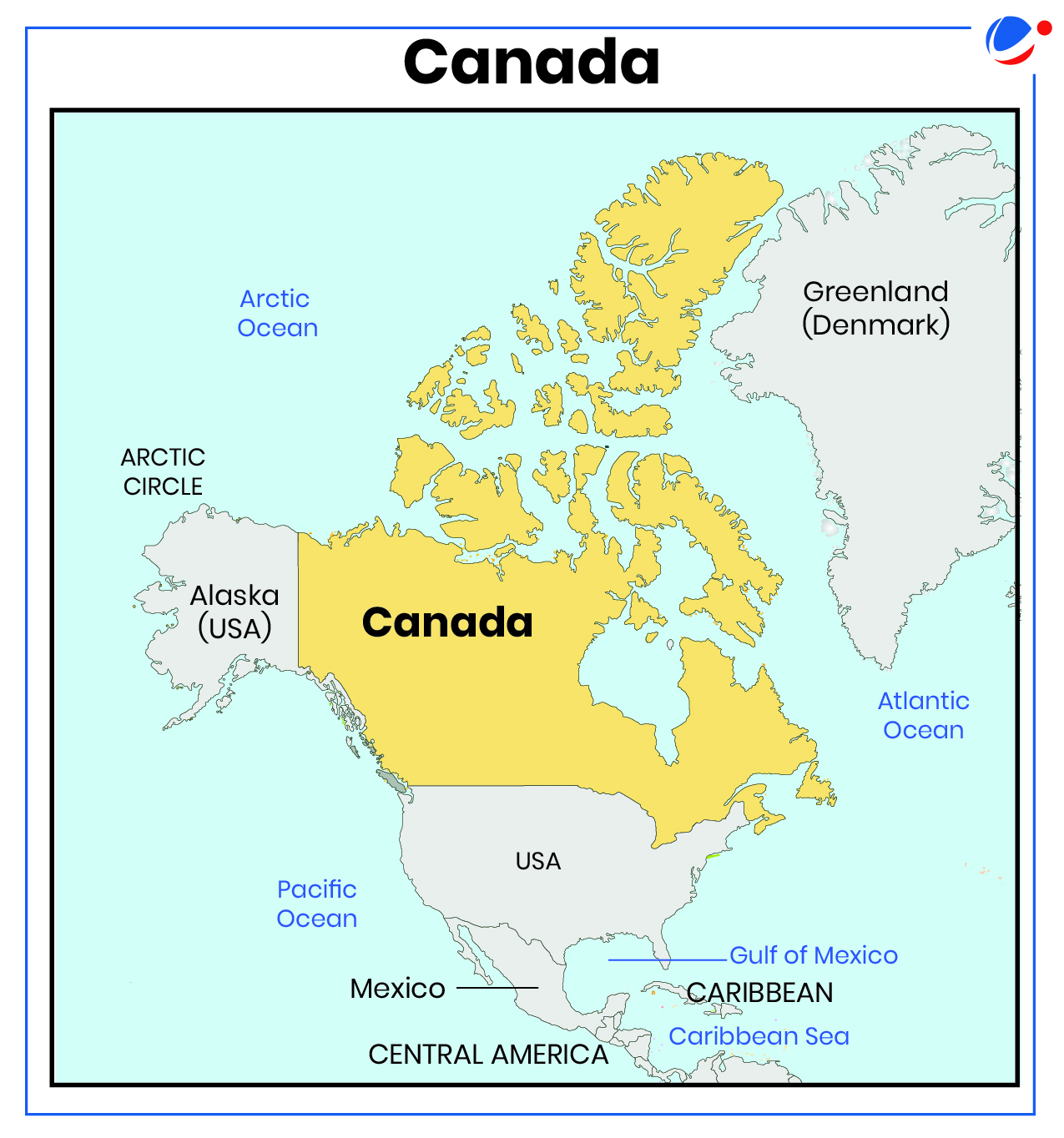 Map highlighting Canada in yellow, bordered by the USA to the south, Alaska to the northwest, Greenland (Denmark) to the northeast, and the Arctic, Atlantic, and Pacific Oceans. Major geographical labels like Central America and the Caribbean Sea are also noted.