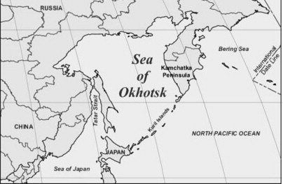 An infographic map showing Sea of Okhotsk and Sea of Japan in the Northern Pacific Ocean.