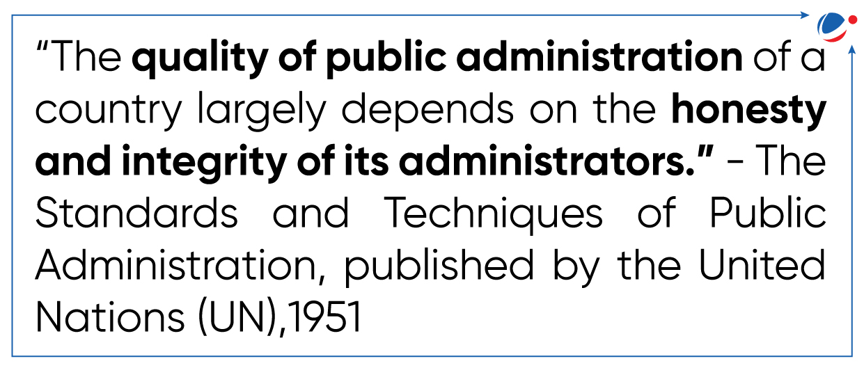 Infographic showing quotation by Standards and Techniques of Public Administration published by the UN in 1951 stating - 'The quality of public administration of a country largely depends on the honesty and integrity of its administrators.