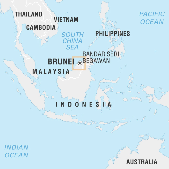 A map of Southeast Asia highlighting Brunei. The capital, Bandar Seri Begawan, is marked with a star. Surrounding countries include Thailand, Vietnam, Cambodia, Malaysia, Philippines, and Indonesia. The map also shows the South China Sea, Pacific Ocean, and Indian Ocean.