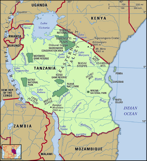 Map of Tanzania with bordering countries like Kenya, Zambia, Rwanda, Burundi and Mozambique