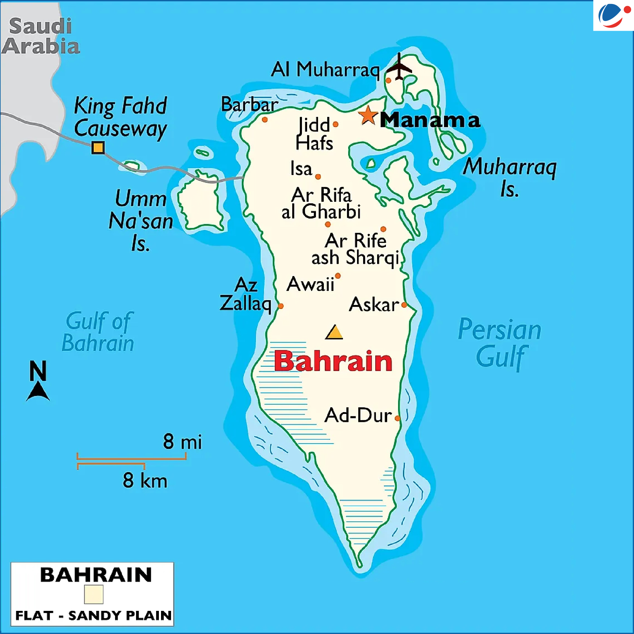 A map of Bahrain showing its main island and surrounding smaller islands in the Persian Gulf. The capital city Manama is marked in the north near Muharraq Island. The King Fahd Causeway connects Bahrain to Saudi Arabia on the northwest. Other labeled towns include Jidd Hafs, Isa, Ar Rifa’ al Gharbi, Ar Rifa’ ash Sharqi, A’ali, Awali, Askar, and Ad-Dur. The Gulf of Bahrain lies to the west and the Persian Gulf to the east. A scale bar shows 8 miles or 8 kilometers.