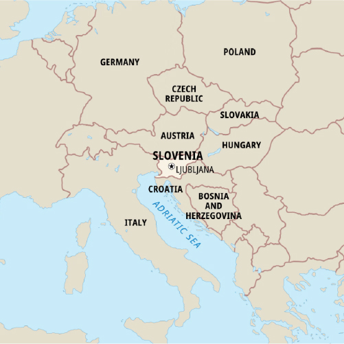  A map of central Europe highlighting Slovenia. Slovenia is located between Italy, Austria, Hungary, Croatia, and the Adriatic Sea. Its capital city, Ljubljana, is marked. The map also shows neighboring countries like Germany, Poland, Czech Republic, Slovakia, Bosnia and Herzegovina.