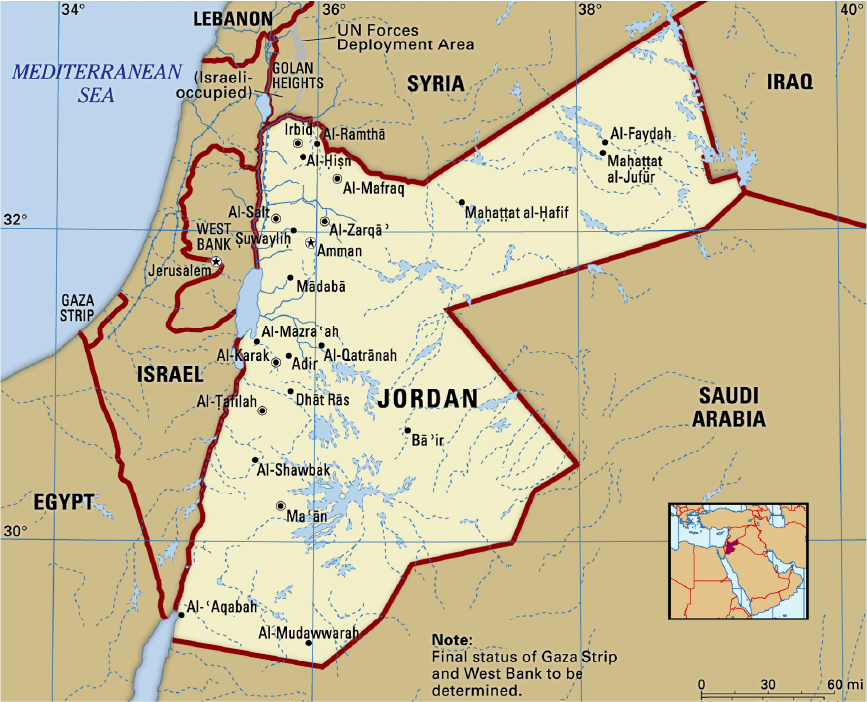 The given map highlight the jordan country and shows it neigbouring countries and water bodies.