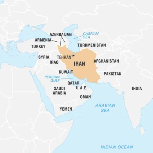 Map showing Iran with Its capital Tehran and its bordering nations