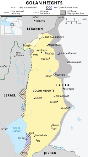 A map illustrating the Golan Heights region, marking international boundaries, the 1949 armistice line, disputed boundaries, and UN forces deployment areas. It highlights key locations in Lebanon, Israel, Syria, and Jordan, including the DMZ zones and important towns.