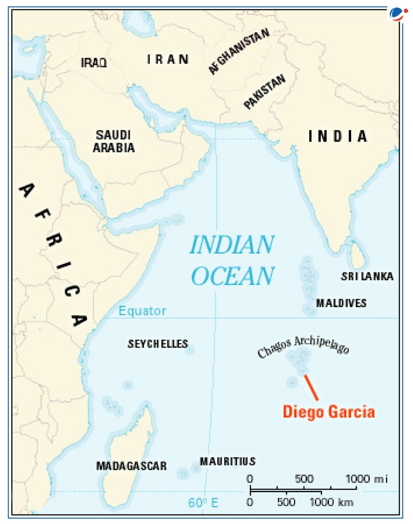 Chagos Archipelago in Indian Ocean Region, with map also showing mauritus, Madagascar, Seychelles & India