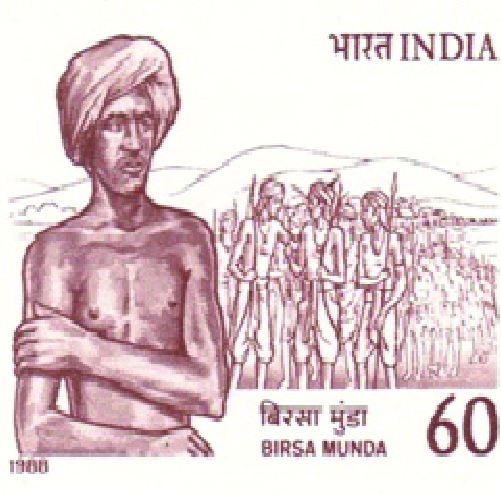 An Indian postage stamp featuring Birsa Munda, a tribal leader. The stamp is valued at 60 paisa and labeled in Hindi and English.