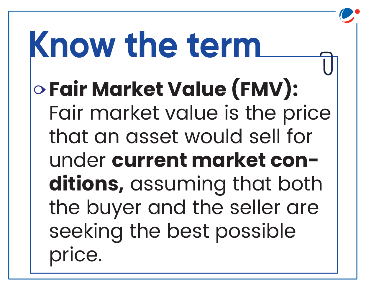 An infographic titled "Know the term" defines "Fair Market Value (FMV)" as the price an asset would sell for under current market conditions, assuming both buyer and seller seek the best possible price. The text is inside a bordered box with minimal graphic elements.