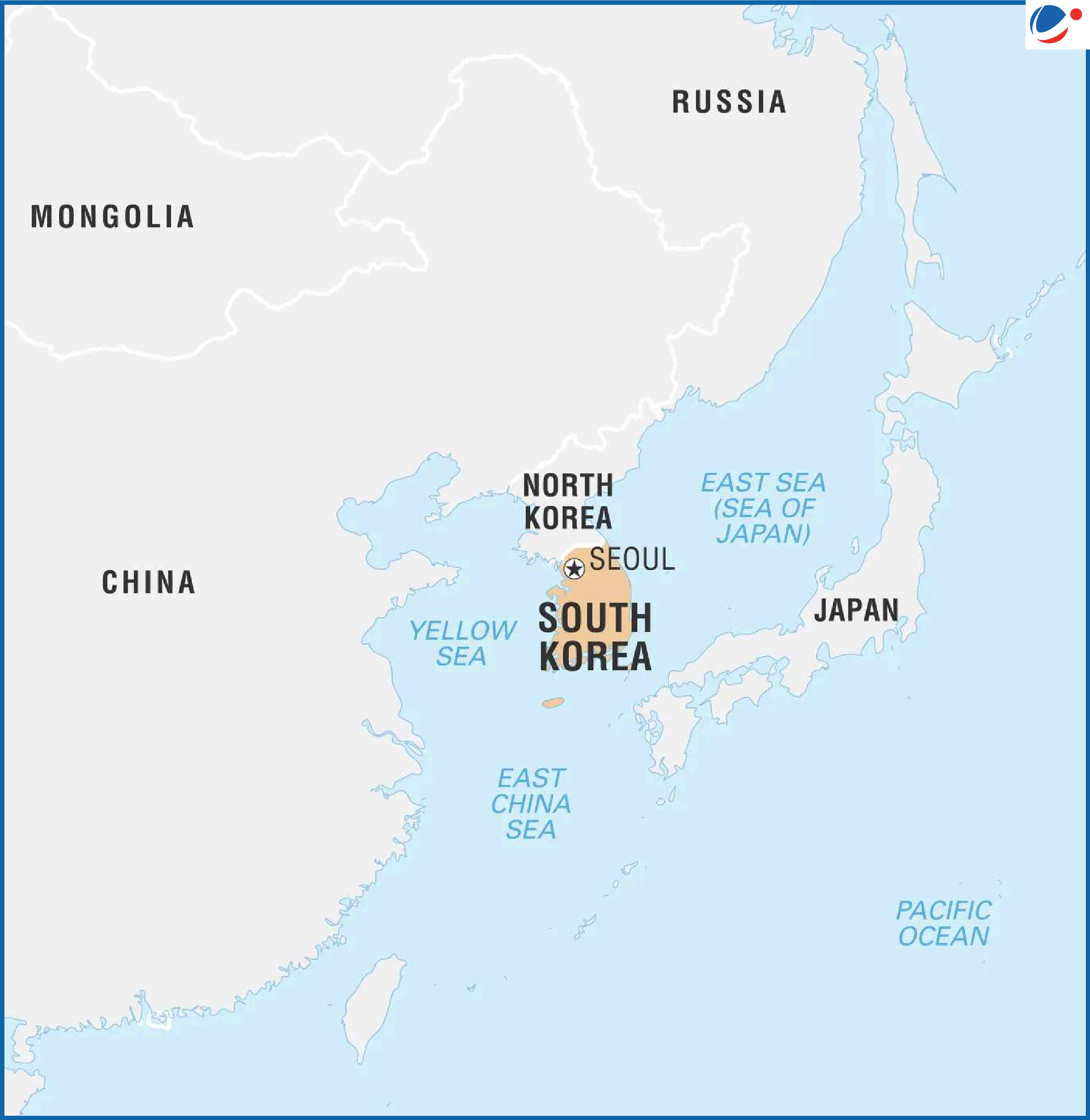 Map of East Asia showing South Korea highlighted on the Korean Peninsula, with Seoul marked; North Korea, China, Russia, Mongolia, and Japan labeled, along with the Yellow Sea, East Sea (Sea of Japan), East China Sea, and Pacific Ocean.