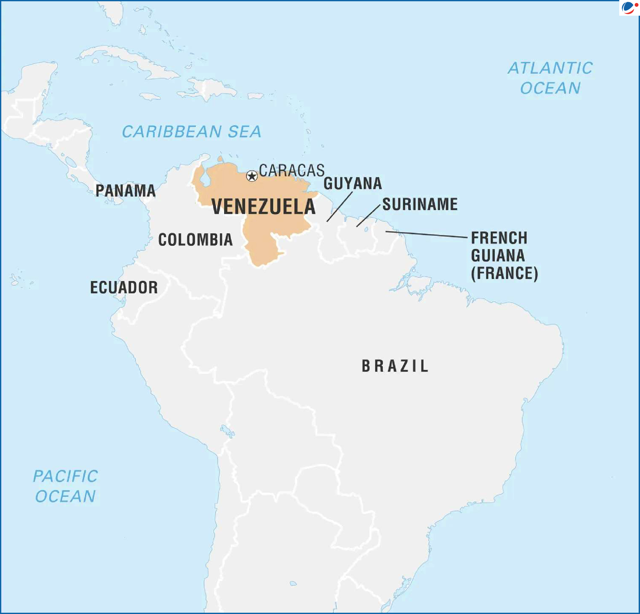 Map of South America highlighting Venezuela in orange. Neighboring countries including Colombia, Guyana, Brazil, and the Caribbean Sea are shown, with the capital Caracas marked by a star.