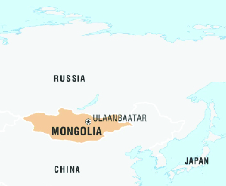 A map highlighting Mongolia in light brown with surrounding countries labeled: Russia to the north, China to the south and southwest, and Japan to the east. The capital city, Ulaanbaatar, is marked with a star within Mongolia.