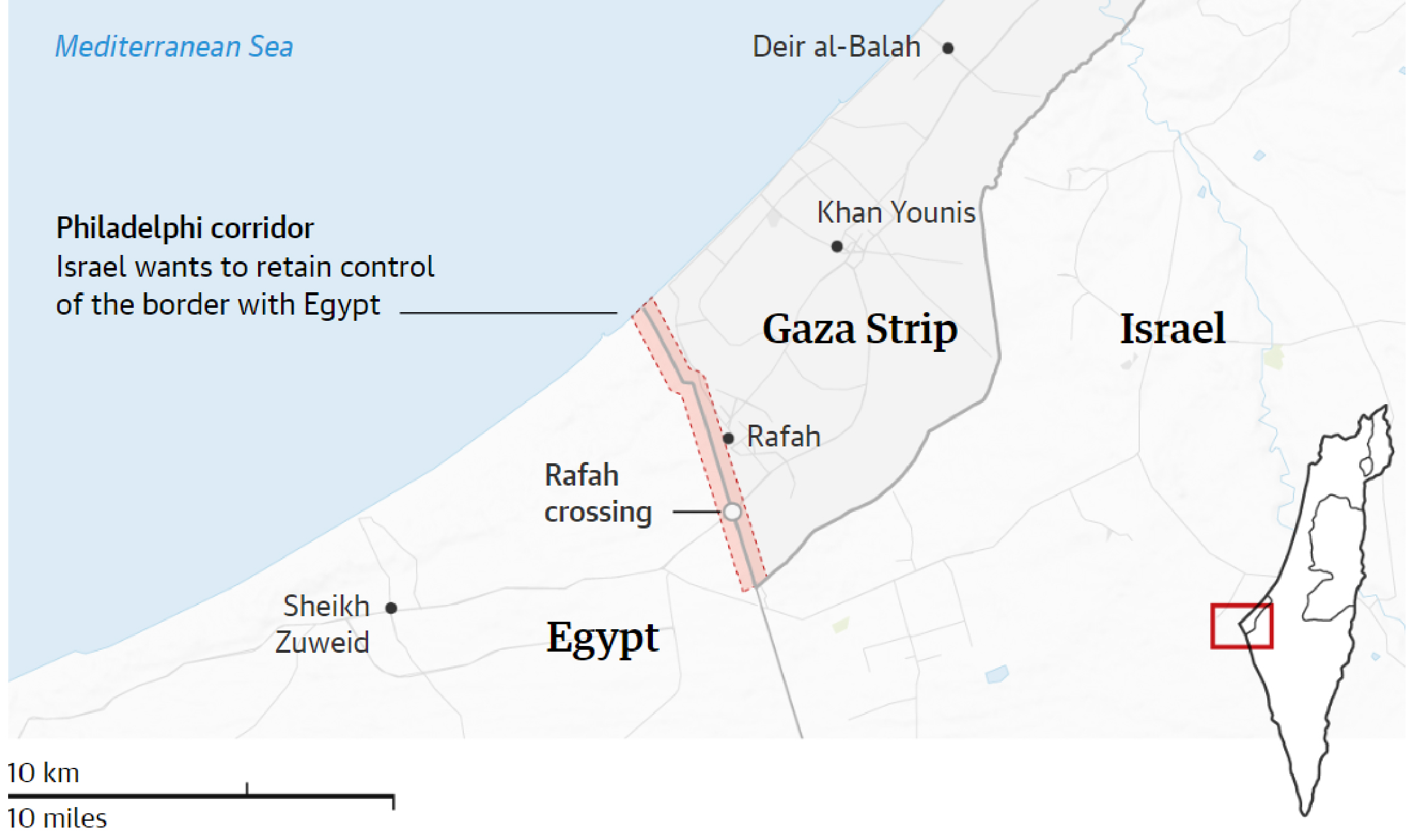 An image depicting a map of the Gaza Strip, highlighting the Philadelphia Corridor along the Egypt-Gaza border, where Israel seeks to retain control. It also marks key locations such as Rafah crossing, the Mediterranean Sea, and adjacent areas in Egypt and Israel. The map emphasizes the strategic importance of the border between Gaza and Egypt.