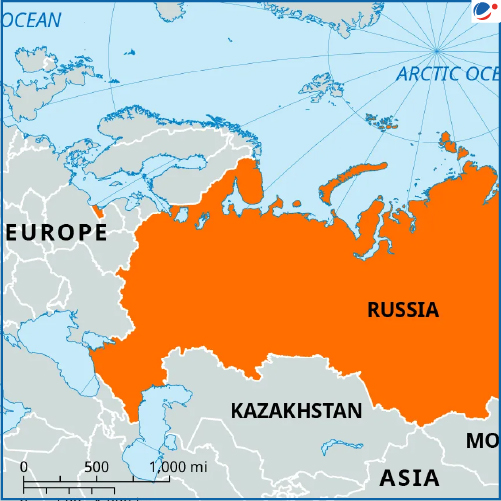 A political map showing Russia highlighted in orange, spanning both Europe and Asia. Surrounding countries and regions such as Kazakhstan, Mongolia, and Europe are labeled. The Arctic Ocean is shown to the north. The map includes a scale bar in miles and kilometers at the bottom.