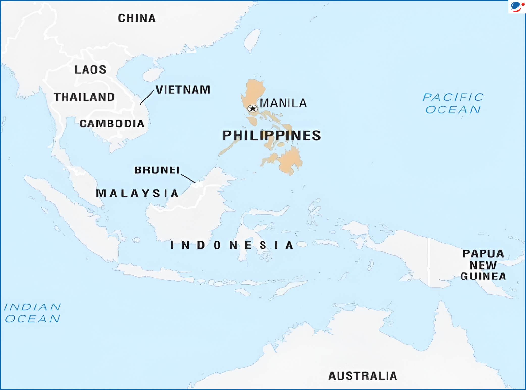 Map of Southeast Asia highlighting the Philippines (brown) with Manila marked, showing nearby countries and oceans.
