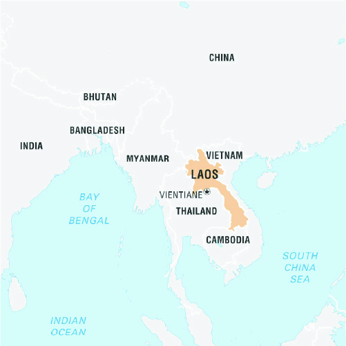 A map of Southeast Asia highlighting Laos in beige. Surrounding countries include China to the north, Vietnam to the east, Cambodia to the southeast, Thailand to the west, and Myanmar to the northwest. Major bodies of water, the Bay of Bengal and South China Sea, are labeled.