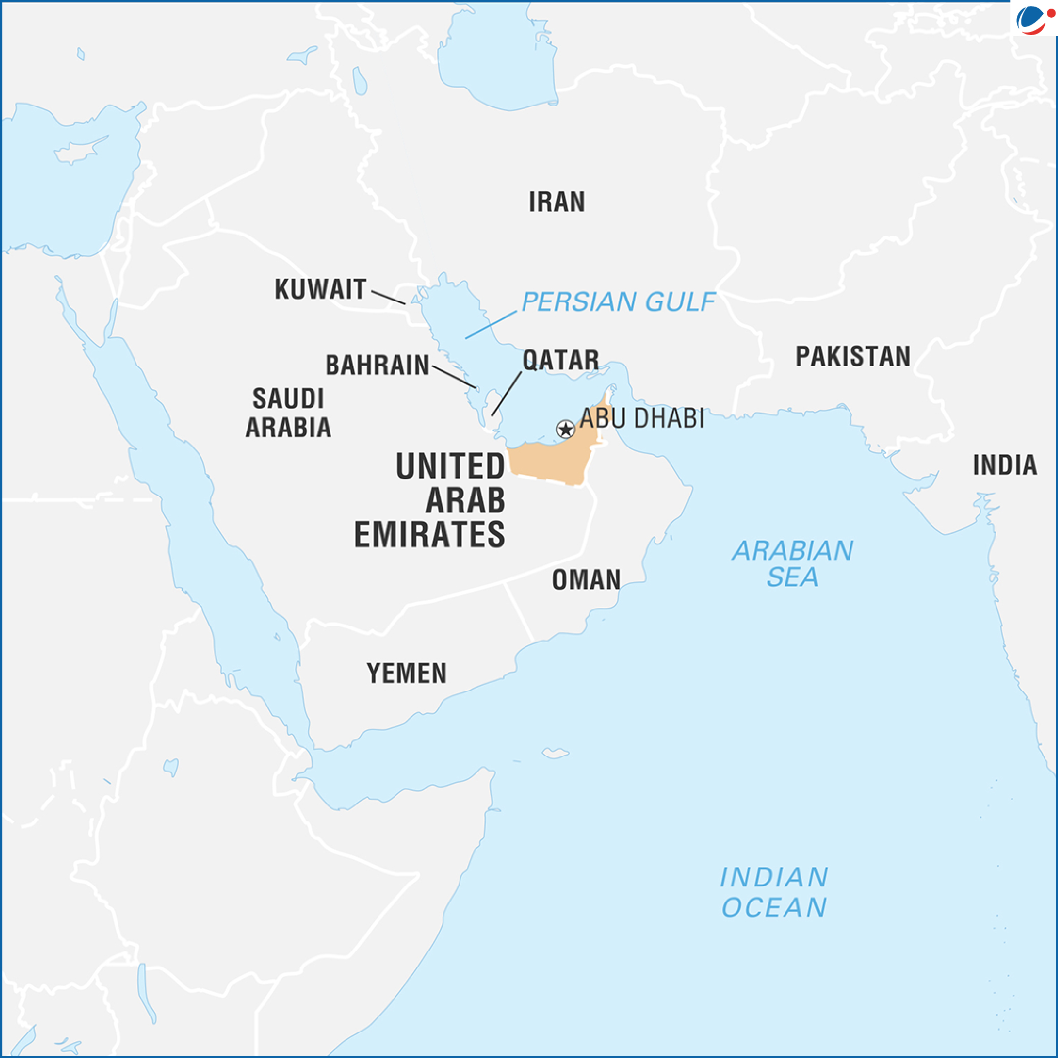 Map showing the United Arab Emirates and surrounding countries, including Saudi Arabia, Oman, Qatar, Bahrain, Kuwait, Iran, Pakistan, India, and Yemen, with Abu Dhabi marked as the capital.