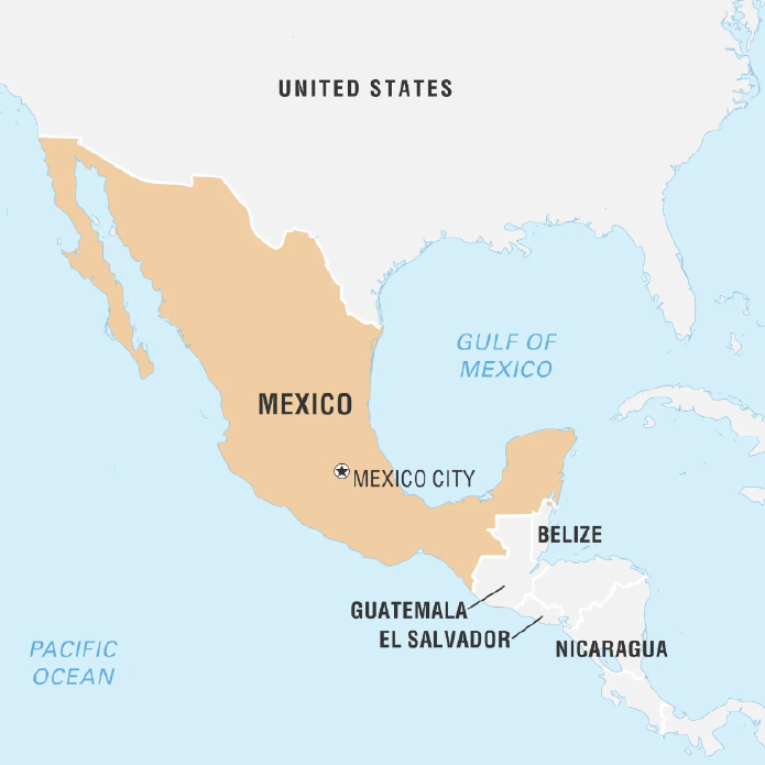 A map showing Mexico in North America