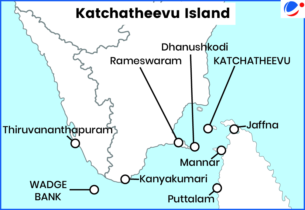 A map highlighting Katchatheevu Island and its surrounding locations, including parts of southern India and northern Sri Lanka. The map labels key places such as Rameswaram, Dhanushkodi, Kanyakumari, and Thiruvananthapuram in India, as well as Jaffna, Mannar, and Puttalam in Sri Lanka. The Wadge Bank is also marked. The island of Katchatheevu is prominently indicated in the sea between India and Sri Lanka.