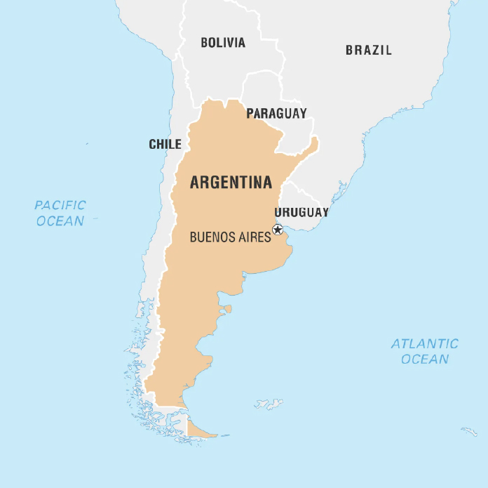 A map of South America highlighting Argentina in a light brown shade. Neighboring countries Bolivia, Brazil, Paraguay, Uruguay, and Chile are labeled, along with the Atlantic and Pacific Oceans. The capital city, Buenos Aires, is marked in Argentina.