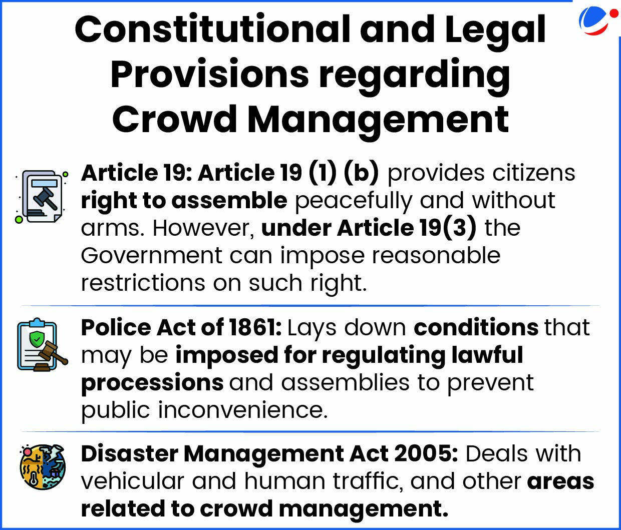 Constitutional and legal provisions regarding crowd management- Article 19, Police Act, DM Act 
