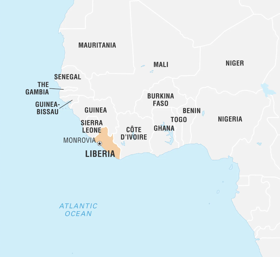 A map of West Africa highlighting Liberia in orange. Neighboring countries include Sierra Leone, Guinea, and Côte d'Ivoire. The Atlantic Ocean is to the west.