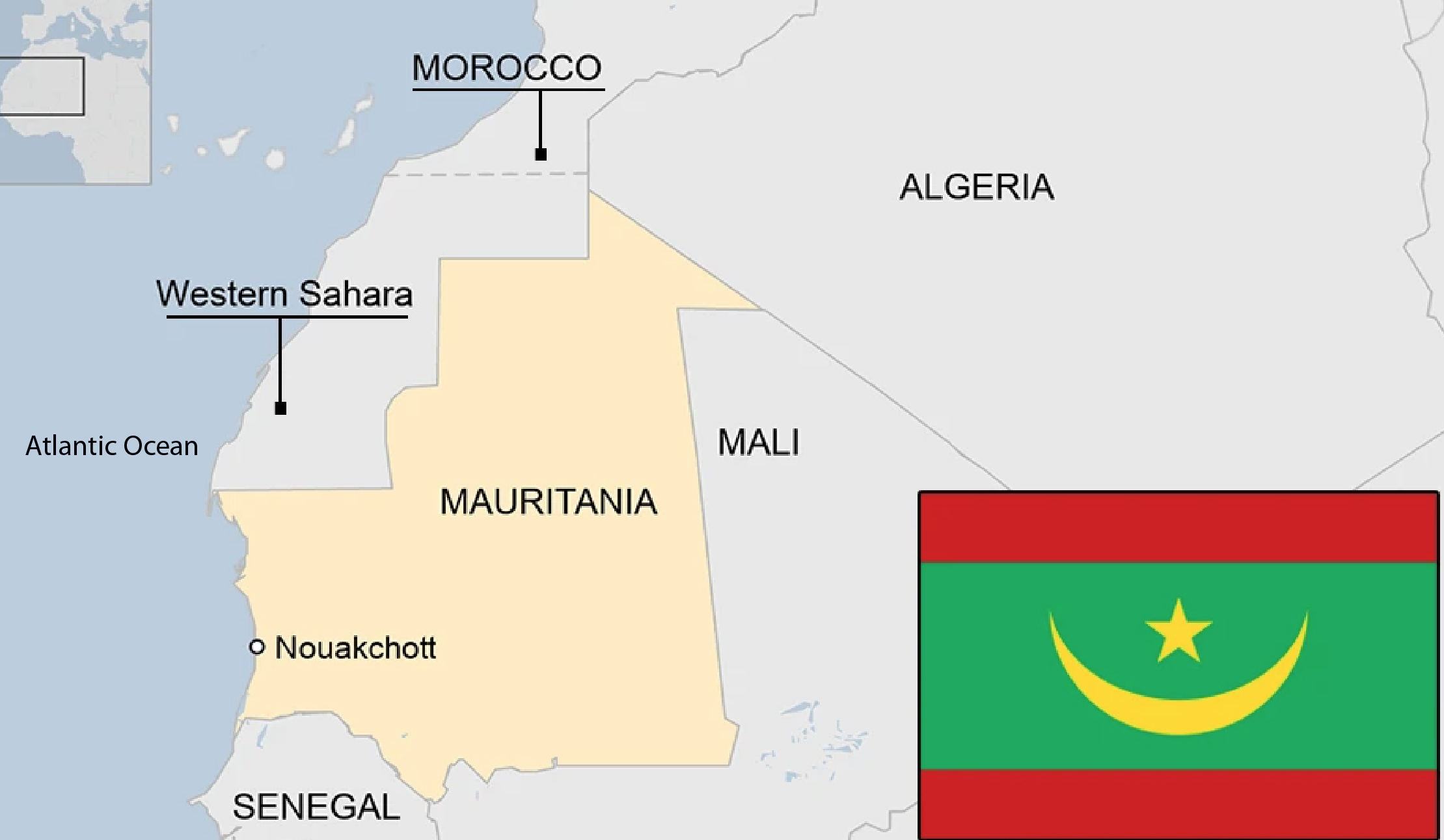 It show map of North Western Africa and highlight Mauritania and its neighbouring region.