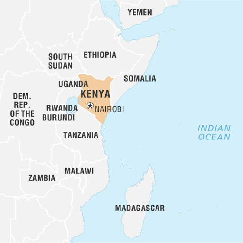 A map of Eastern Africa highlighting Kenya. The capital, Nairobi, is marked with a star. Surrounding countries include Somalia, Ethiopia, South Sudan, Uganda, and Tanzania. The map also shows the Indian Ocean to the East of Kenya.