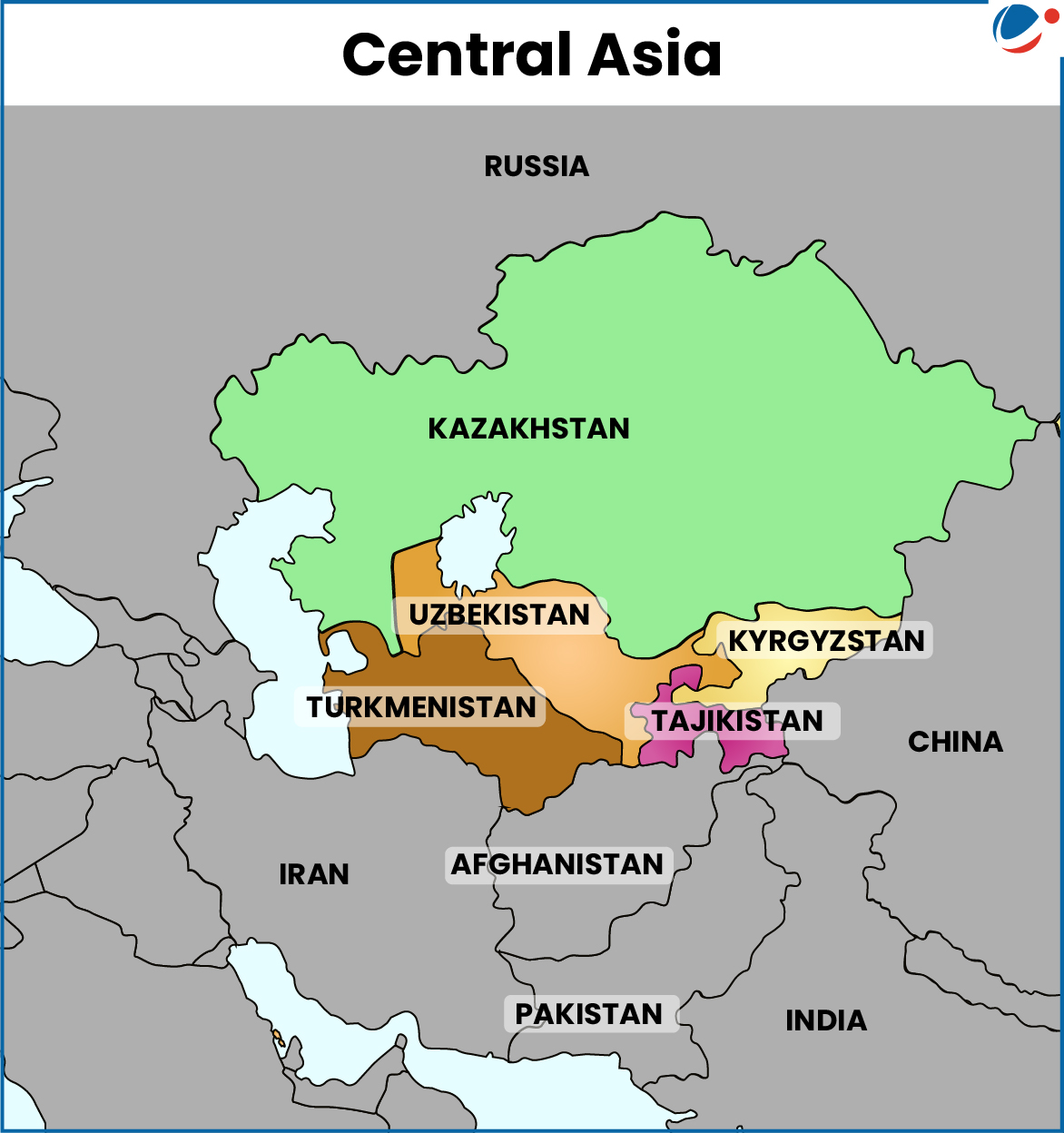 Political map of Central Asia highlighting the five Central Asian republics—Kazakhstan (green), Uzbekistan (brown), Turkmenistan (dark brown), Kyrgyzstan (light yellow), and Tajikistan (pink). Surrounding countries like Russia, China, Afghanistan, Iran, Pakistan, and India are shown in grey with labeled borders. The map provides a clear regional context of Central Asia's geographic location.