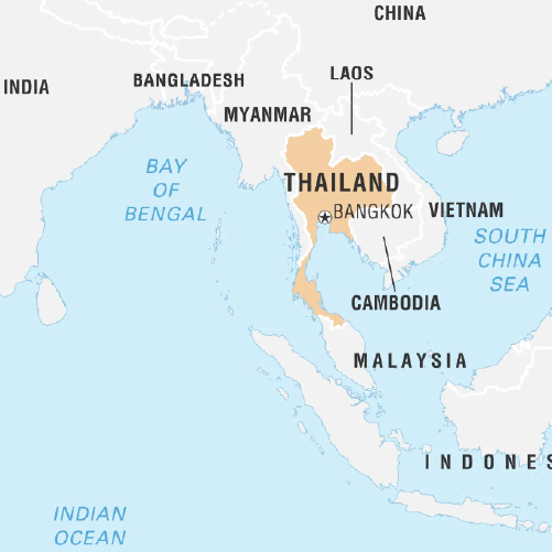 A map showing Thailand in Southeast Asia. 