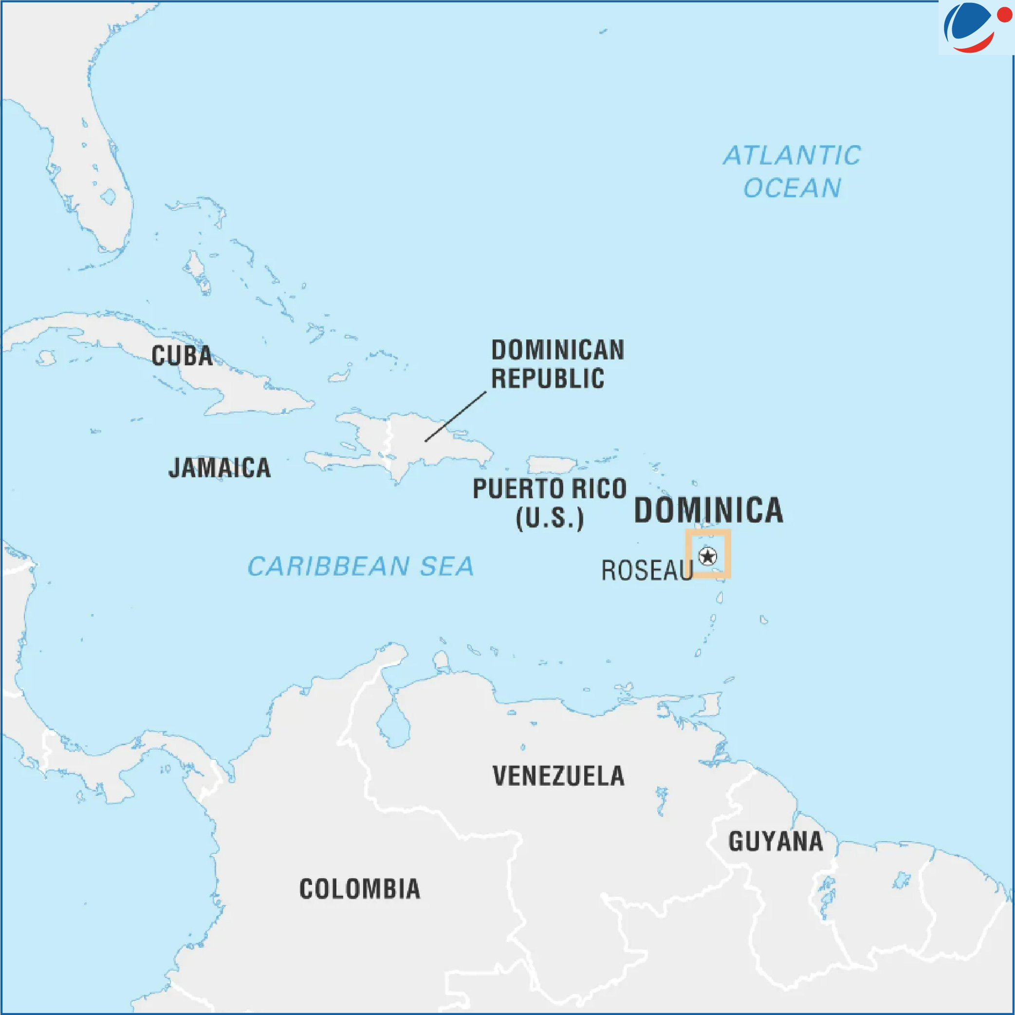 An image showing Dominica with its capital city Roseau. Atlantic Ocean, and Caribbean sea are also shown. 