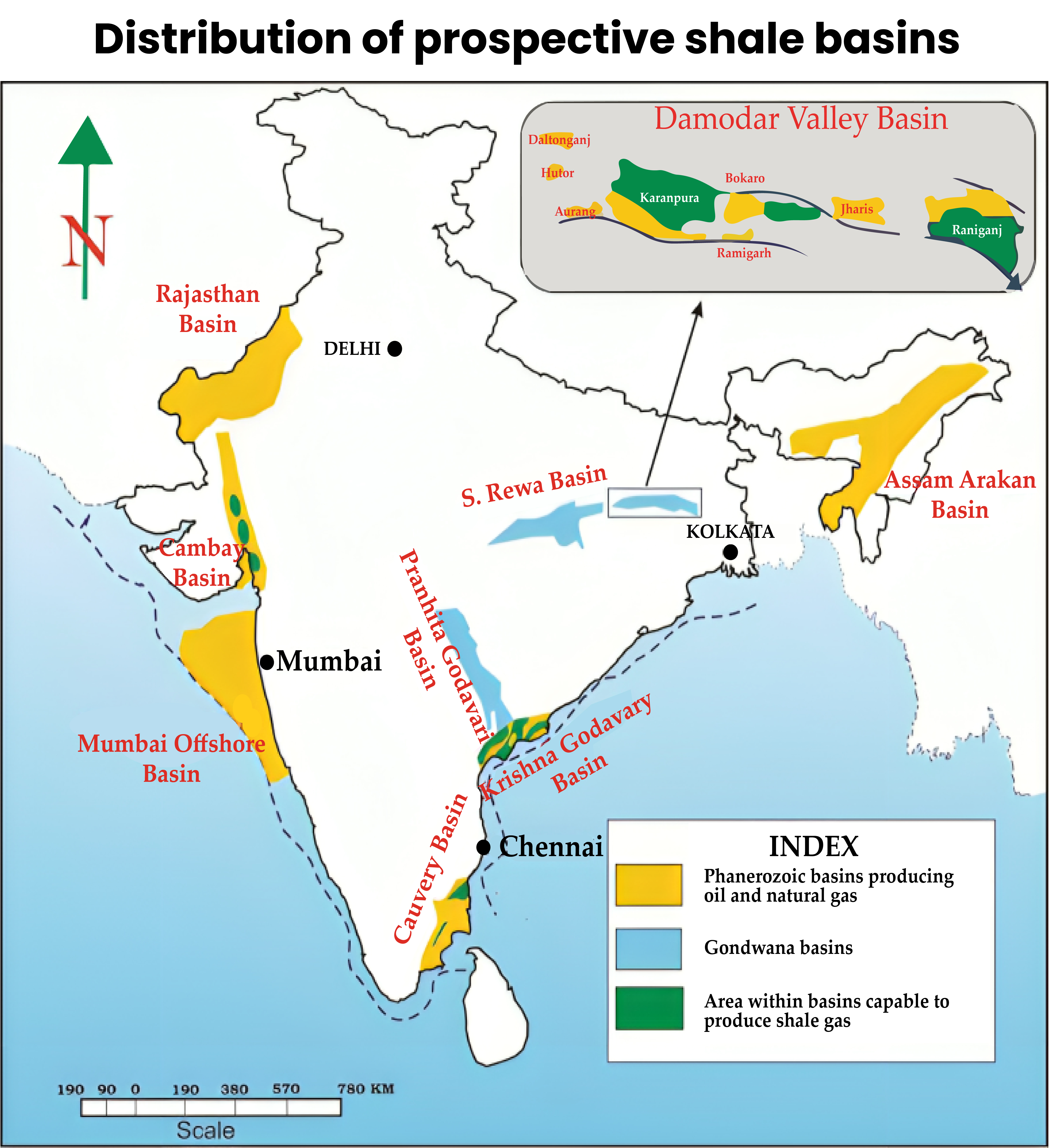 The Indian map show distribution of prosepective shale basins.